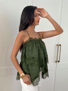 Aloruh 女款優雅蕾絲拼接交叉背帶背心上衣 - 軍綠色 - 查看 6