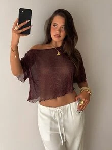 Aloruh Women's Solid Color Asymmetrical Shoulder Casual Daily Wear Top - Coffee Brown - View 5