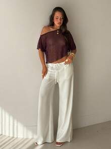 Aloruh Women's Solid Color Asymmetrical Shoulder Casual Daily Wear Top - Coffee Brown - View 4