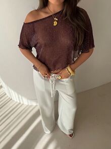Aloruh Women's Solid Color Asymmetrical Shoulder Casual Daily Wear Top - Coffee Brown - View 6