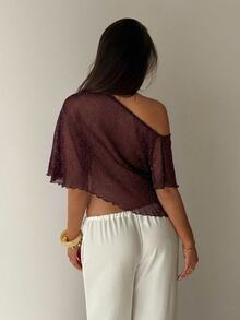 Aloruh Women's Solid Color Asymmetrical Shoulder Casual Daily Wear Top - Coffee Brown - View 2