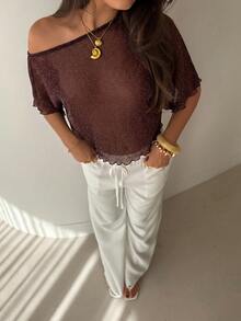 Aloruh Women's Solid Color Asymmetrical Shoulder Casual Daily Wear Top - Coffee Brown - View 7