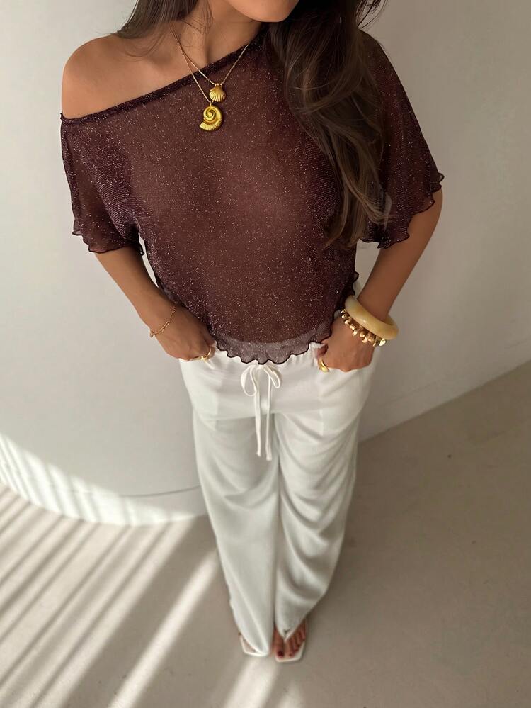 Aloruh Women's Solid Color Asymmetrical Shoulder Casual Daily Wear Top - Coffee Brown - View 7