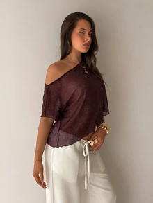 Aloruh Women's Solid Color Asymmetrical Shoulder Casual Daily Wear Top - Coffee Brown - View 3