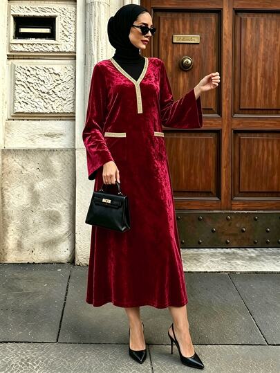 Celisse Autumn/Winter Elegant Velvet Trim Lace Patchwork V-Neck Long Sleeve Pocket Decor Women's Dress