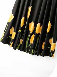 GlowEve CURVE Women's High Waist Yellow Tulip Print Long Skirt, Black Pleated A‑Line Flowy Maxi Skirt, Casual Elegant Swing Skirt For Daily Holiday Party Fall - Multicolor - View 3