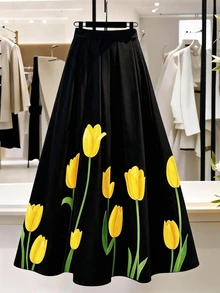 GlowEve CURVE Women's High Waist Yellow Tulip Print Long Skirt, Black Pleated A‑Line Flowy Maxi Skirt, Casual Elegant Swing Skirt For Daily Holiday Party Fall - Multicolor - View 5