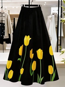 GlowEve CURVE Women's High Waist Yellow Tulip Print Long Skirt, Black Pleated A‑Line Flowy Maxi Skirt, Casual Elegant Swing Skirt For Daily Holiday Party Fall - Multicolor - View 2