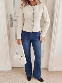 KARISMINA Jaket Lengan Panjang Kasual Wanita Motif Blok Warna untuk Sehari-hari - Aprikot - View 10