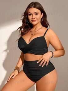 Swim Lushoire 2 件套加大码女式纯色前交叉可调节肩带泳装度假装，适合夏季海滩 - 黑色 - 查看 3