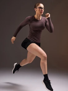 Powerista Women's Solid Color Raglan Long Sleeve Casual Fitness Sports T-Shirt Seamless Breathable Gym Workout Fitness Running Brown Training Fashion Casual - Brown - View 10