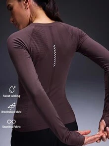 Powerista Women's Solid Color Raglan Long Sleeve Casual Fitness Sports T-Shirt Seamless Breathable Gym Workout Fitness Running Brown Training Fashion Casual - Brown - View 3