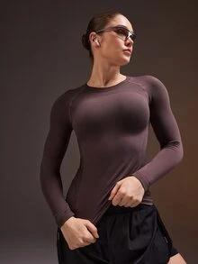 Powerista Women's Solid Color Raglan Long Sleeve Casual Fitness Sports T-Shirt Seamless Breathable Gym Workout Fitness Running Brown Training Fashion Casual - Brown - View 8