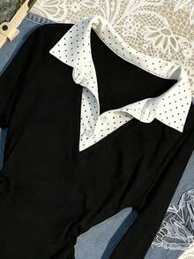 IslaSuriya 女款拼接波點鈕扣設計假兩件式休閒上衣 - 黑色 - 查看 3