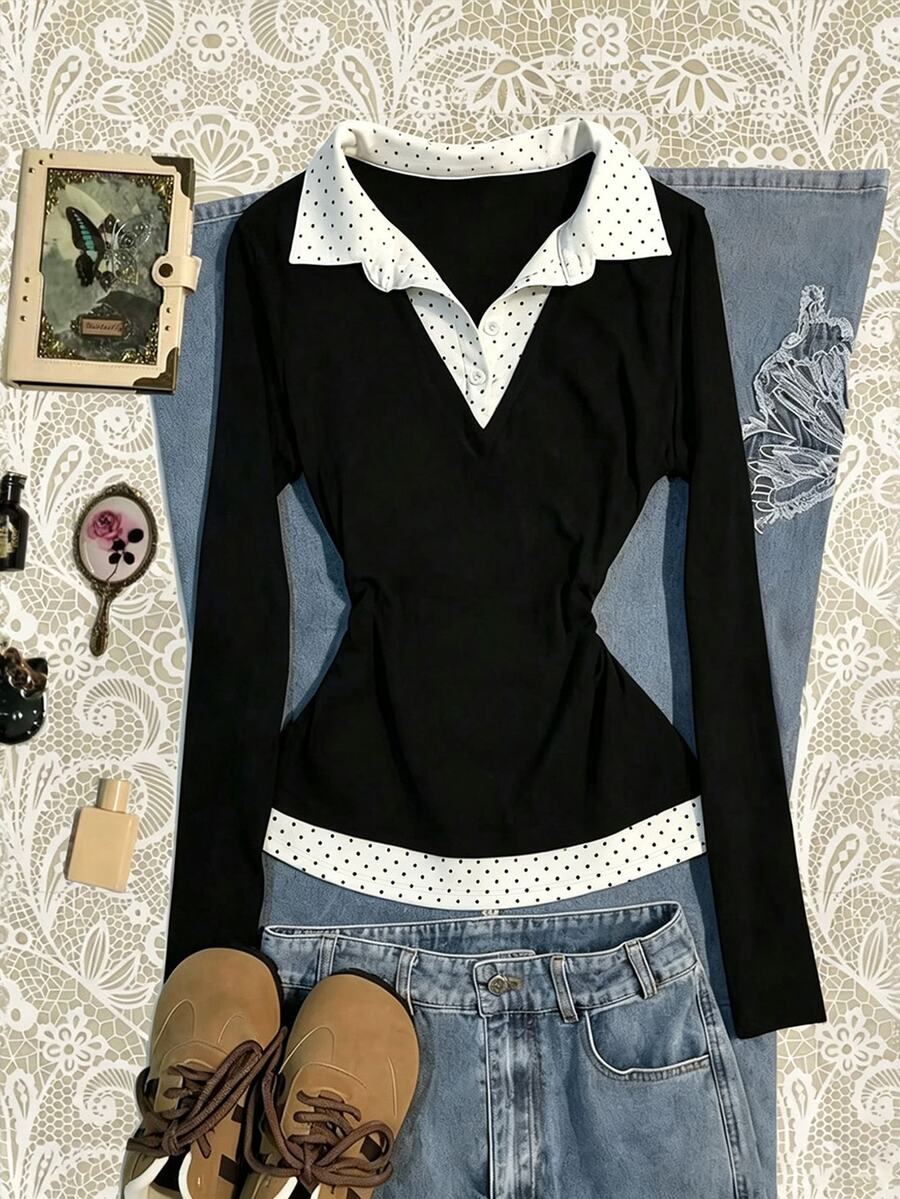 IslaSuriya 女款拼接波點鈕扣設計假兩件式休閒上衣 - 黑色 - 查看 1