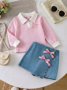 Vintaside Kids 2pcs/Set Baby Girl Comfortable Casual Fashion Pink Textured Fabric Contrast White Collar Cute Bow Embroidery Long Sleeve Top And Denim Shorts 3D Bow Fashion Versatile Two Pieces Outfit Suitable For Spring And Autumn Daily Wear - Multicolor - View 4