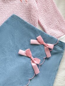 Vintaside Kids 2pcs/Set Baby Girl Comfortable Casual Fashion Pink Textured Fabric Contrast White Collar Cute Bow Embroidery Long Sleeve Top And Denim Shorts 3D Bow Fashion Versatile Two Pieces Outfit Suitable For Spring And Autumn Daily Wear - Multicolor - View 7