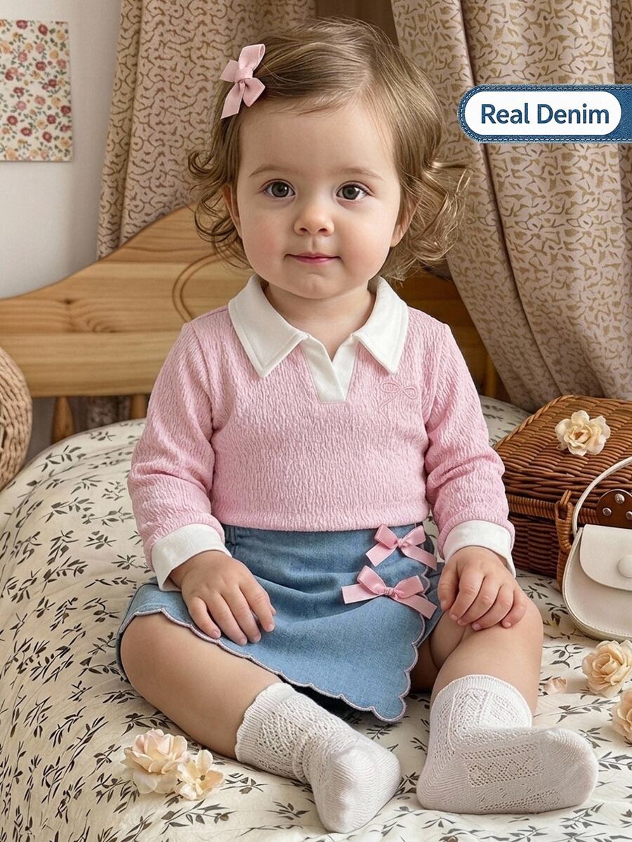Vintaside Kids 2pcs/Set Baby Girl Comfortable Casual Fashion Pink Textured Fabric Contrast White Collar Cute Bow Embroidery Long Sleeve Top And Denim Shorts 3D Bow Fashion Versatile Two Pieces Outfit Suitable For Spring And Autumn Daily Wear - Multicolor - View 1