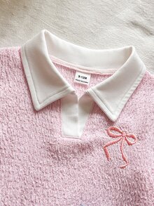 Vintaside Kids 2pcs/Set Baby Girl Comfortable Casual Fashion Pink Textured Fabric Contrast White Collar Cute Bow Embroidery Long Sleeve Top And Denim Shorts 3D Bow Fashion Versatile Two Pieces Outfit Suitable For Spring And Autumn Daily Wear - Multicolor - View 6