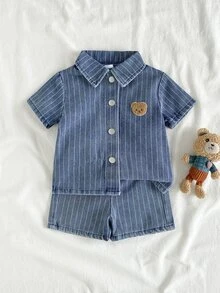 SHEIN Summer Washed Light Blue Simple Versatile Fashion Toddler Boys' Denim Set - Blue - View 4