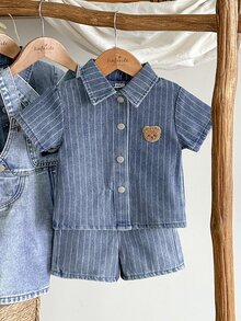 SHEIN Summer Washed Light Blue Simple Versatile Fashion Toddler Boys' Denim Set - Blue - View 5