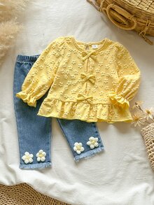 SHEIN 2pcs Baby Girl Sweet 3D Floral Jacquard Long Sleeve Top With Bow & Ruffle Trim, Denim Jeans Fashion Set - Multicolor - View 4