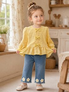 SHEIN 2pcs Baby Girl Sweet 3D Floral Jacquard Long Sleeve Top With Bow & Ruffle Trim, Denim Jeans Fashion Set - Multicolor - View 5
