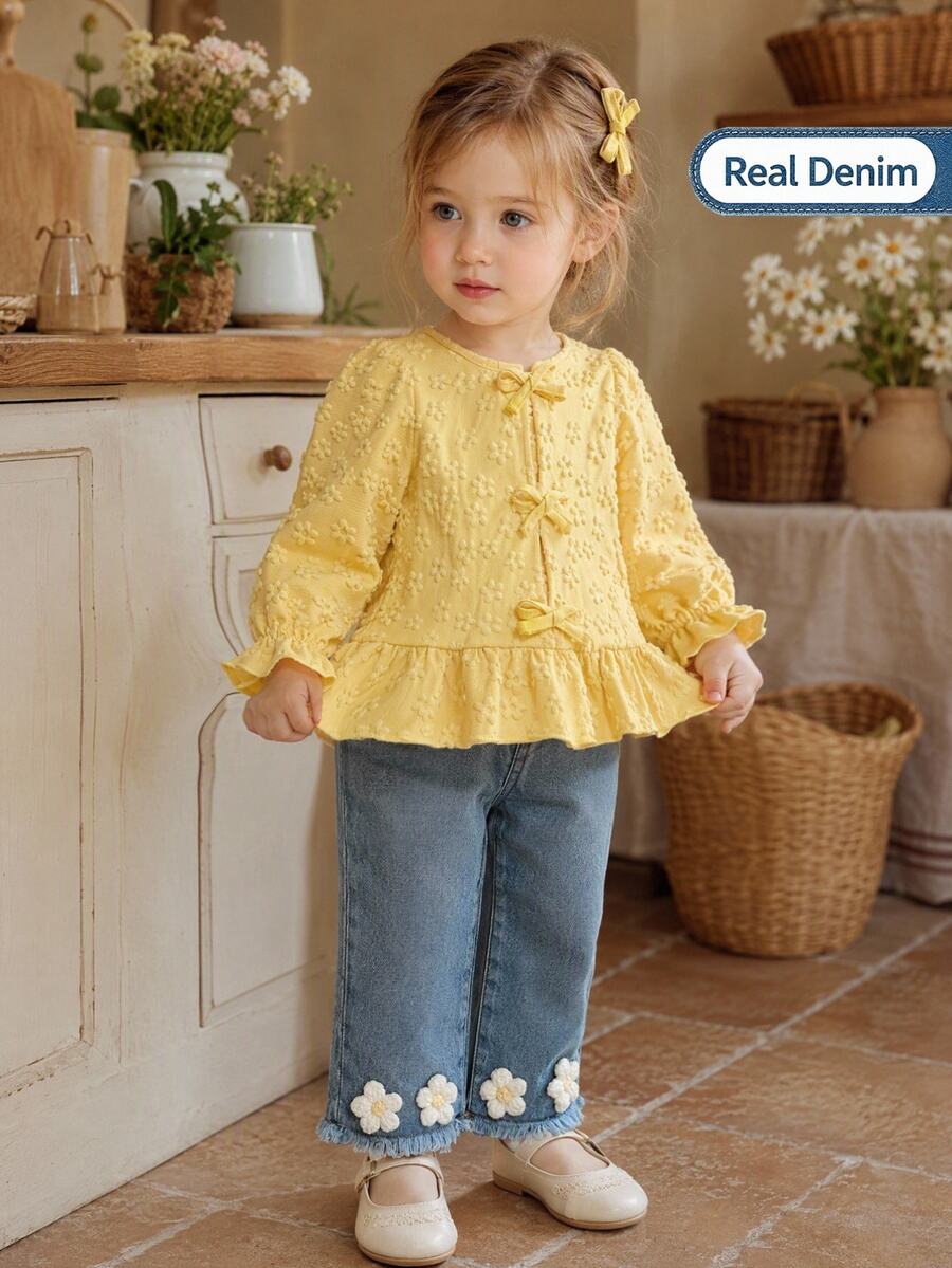 SHEIN 2pcs Baby Girl Sweet 3D Floral Jacquard Long Sleeve Top With Bow & Ruffle Trim, Denim Jeans Fashion Set