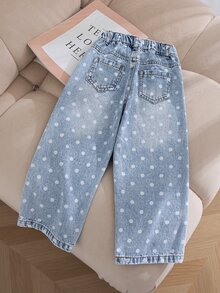 SHEIN Genkimix Kids 女童休閒甜美波點水洗做舊寬腿寬鬆牛仔褲 大口袋 舒適柔軟 校園日常穿搭 秋冬款 - 淺色水洗藍 - 查看 3