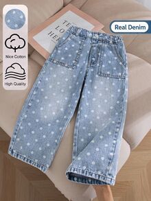 SHEIN Genkimix Kids 女童休閒甜美波點水洗做舊寬腿寬鬆牛仔褲 大口袋 舒適柔軟 校園日常穿搭 秋冬款 - 淺色水洗藍 - 查看 2