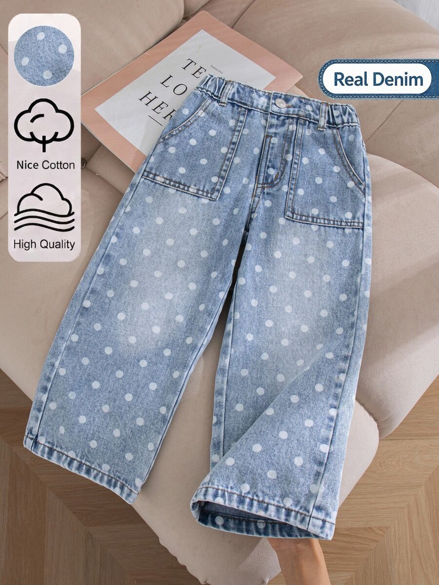 SHEIN Genkimix Kids 女童休閒甜美波點水洗做舊寬腿寬鬆牛仔褲 大口袋 舒適柔軟 校園日常穿搭 秋冬款