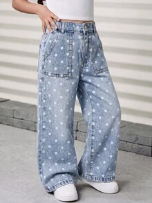 SHEIN Genkimix Kids 女童休閒甜美波點水洗做舊寬腿寬鬆牛仔褲 大口袋 舒適柔軟 校園日常穿搭 秋冬款 - 淺色水洗藍 - 查看 4