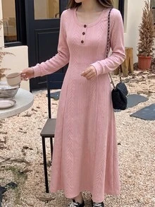 Modelyn Fall/ Textured Jacquard Long Sleeve Dress With Round Neck, 3 Buttons, Casual Romantic Loose Flare Hem Brunch Pink - Dusty Pink - View 4