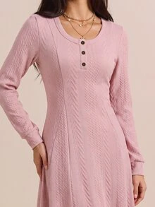 Modelyn Fall/ Textured Jacquard Long Sleeve Dress With Round Neck, 3 Buttons, Casual Romantic Loose Flare Hem Brunch Pink - Dusty Pink - View 8
