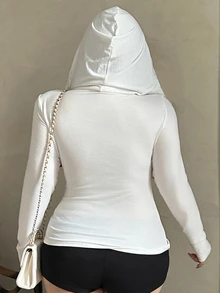 Dazy Plus Sweatshirt Putih Lengan Panjang Seksi Berkerudung dengan Detail Renda Kontras, Ukuran Plus, Pas Badan, Elastis, untuk Liburan Musim Semi/Gugur - Putih - View 2