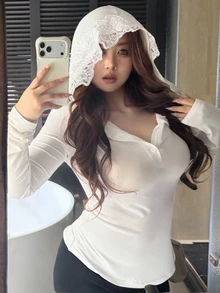 Dazy Plus Sweatshirt Putih Lengan Panjang Seksi Berkerudung dengan Detail Renda Kontras, Ukuran Plus, Pas Badan, Elastis, untuk Liburan Musim Semi/Gugur - Putih - View 8