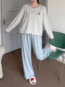 Dazy Plus Cartoon Pattern Embroidered Loose Long Sleeve Top And Pants 2-Piece Set, Loungewear Pajama Set, Spring Summer Autumn - Grey - View 6