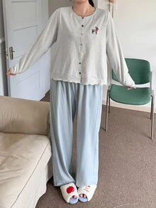 Dazy Plus Cartoon Pattern Embroidered Loose Long Sleeve Top And Pants 2-Piece Set, Loungewear Pajama Set, Spring Summer Autumn - Grey - View 3