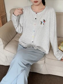 Dazy Plus Cartoon Pattern Embroidered Loose Long Sleeve Top And Pants 2-Piece Set, Loungewear Pajama Set, Spring Summer Autumn - Grey - View 5