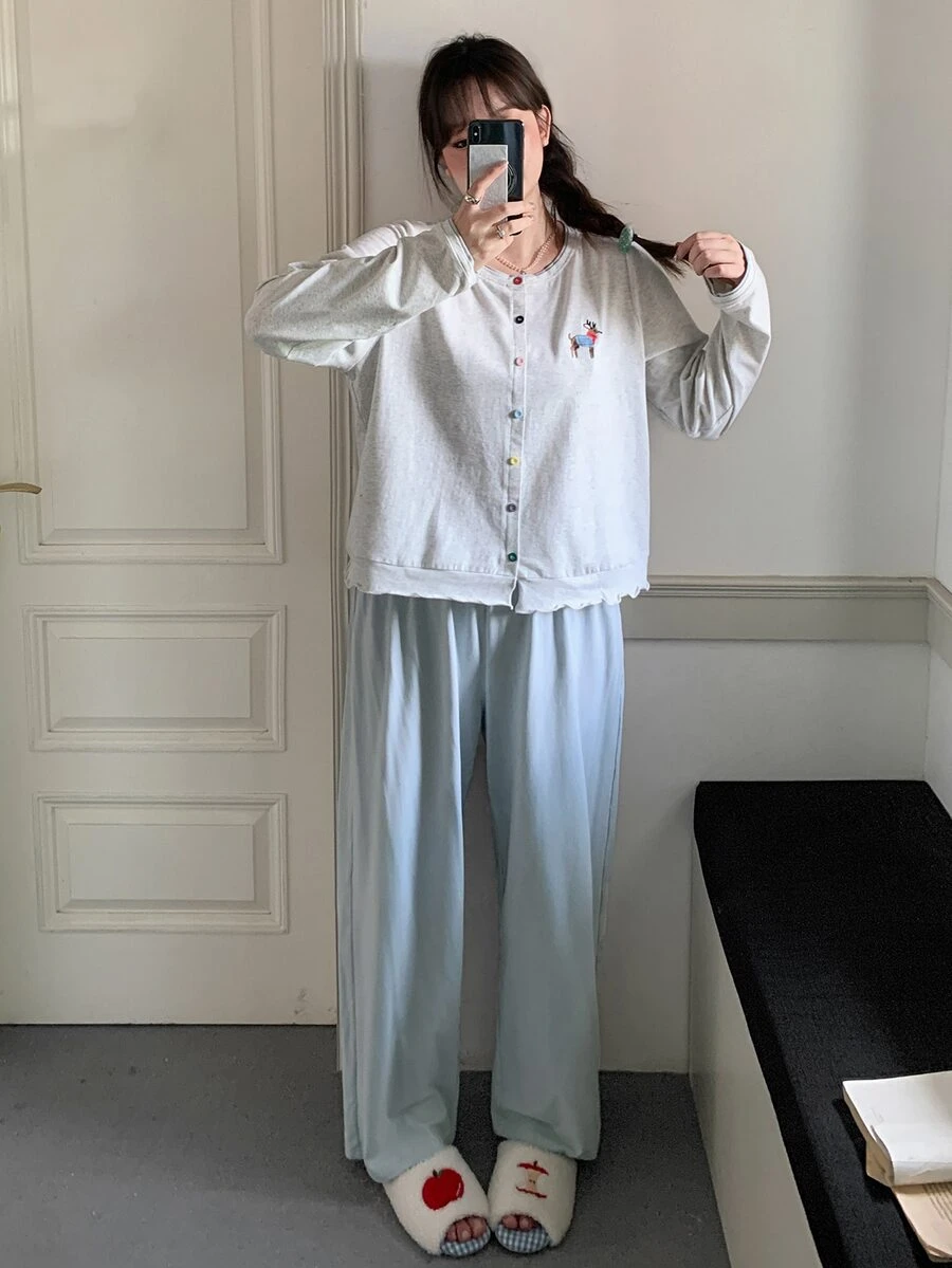 Dazy Plus Cartoon Pattern Embroidered Loose Long Sleeve Top And Pants 2-Piece Set, Loungewear Pajama Set, Spring Summer Autumn - Grey - View 1
