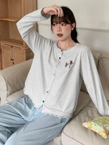Dazy Plus Cartoon Pattern Embroidered Loose Long Sleeve Top And Pants 2-Piece Set, Loungewear Pajama Set, Spring Summer Autumn - Grey - View 4