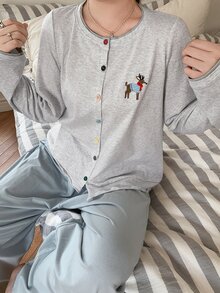 Dazy Plus Cartoon Pattern Embroidered Loose Long Sleeve Top And Pants 2-Piece Set, Loungewear Pajama Set, Spring Summer Autumn - Grey - View 2