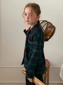 Dazy Kids Tween Girl Home Wear Dark Green Navy Red Plaid Long Sleeve Brushed Casual 2 Pieces Set Fall - Green - View 5