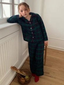 Dazy Kids Tween Girl Home Wear Dark Green Navy Red Plaid Long Sleeve Brushed Casual 2 Pieces Set Fall - Green - View 6