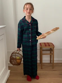 Dazy Kids Tween Girl Home Wear Dark Green Navy Red Plaid Long Sleeve Brushed Casual 2 Pieces Set Fall - Green - View 3
