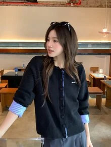 DAZY Women's Round Neck Long Sleeve Korean Style 2 In 1 Knit Cardigan Fall - Black - View 2