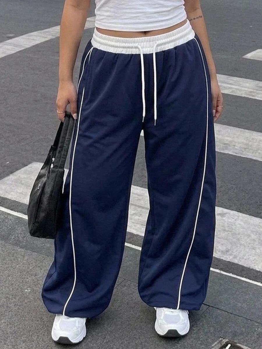 Dazy Plus Plus Size Women's Colorblock Patchwork Waistband Sports Casual Sweatpants Spring Autumn - Navy Blue - View 1