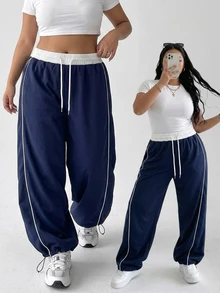 Dazy Plus Plus Size Women's Colorblock Patchwork Waistband Sports Casual Sweatpants Spring Autumn - Navy Blue - View 4