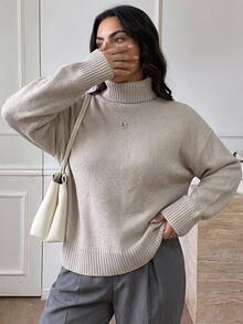 Dazy Plus Sweater Pullover Lengan Panjang Kerah Tinggi Kasual Warna Polos untuk Perjalanan Sehari-hari, Gaya Baru Musim Gugur/Dingin - Aprikot - View 3