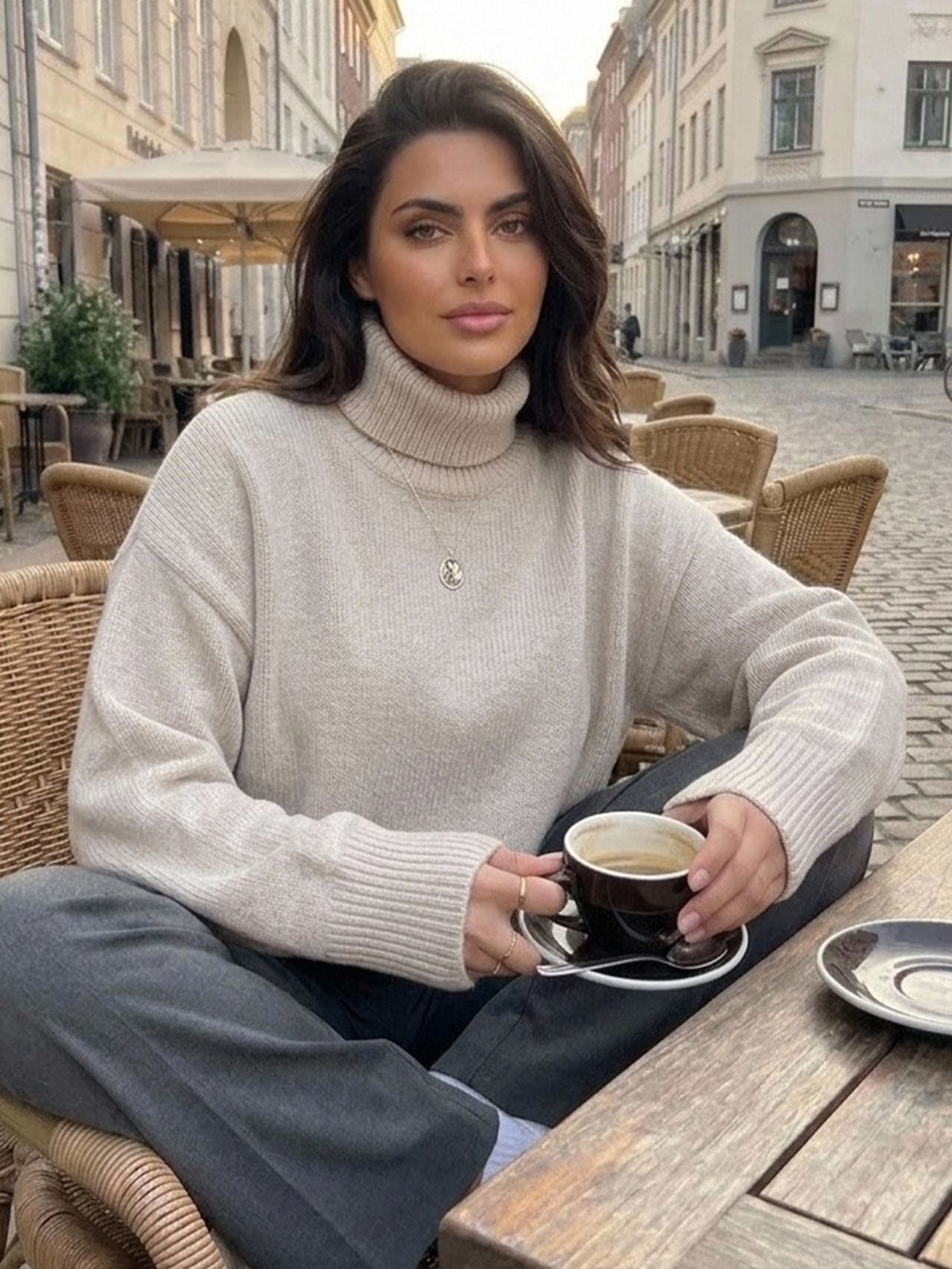 Dazy Plus Sweater Pullover Lengan Panjang Kerah Tinggi Kasual Warna Polos untuk Perjalanan Sehari-hari, Gaya Baru Musim Gugur/Dingin - Aprikot - View 1